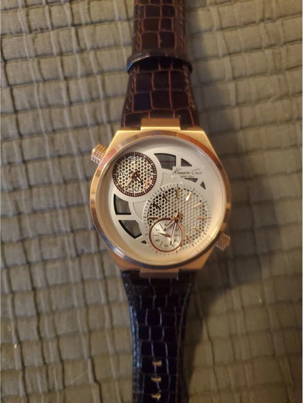 Kenneth Cole KC1715 Men’s DUAL TIME Rose Golden Skeleton Dark Brown Strap Watch
